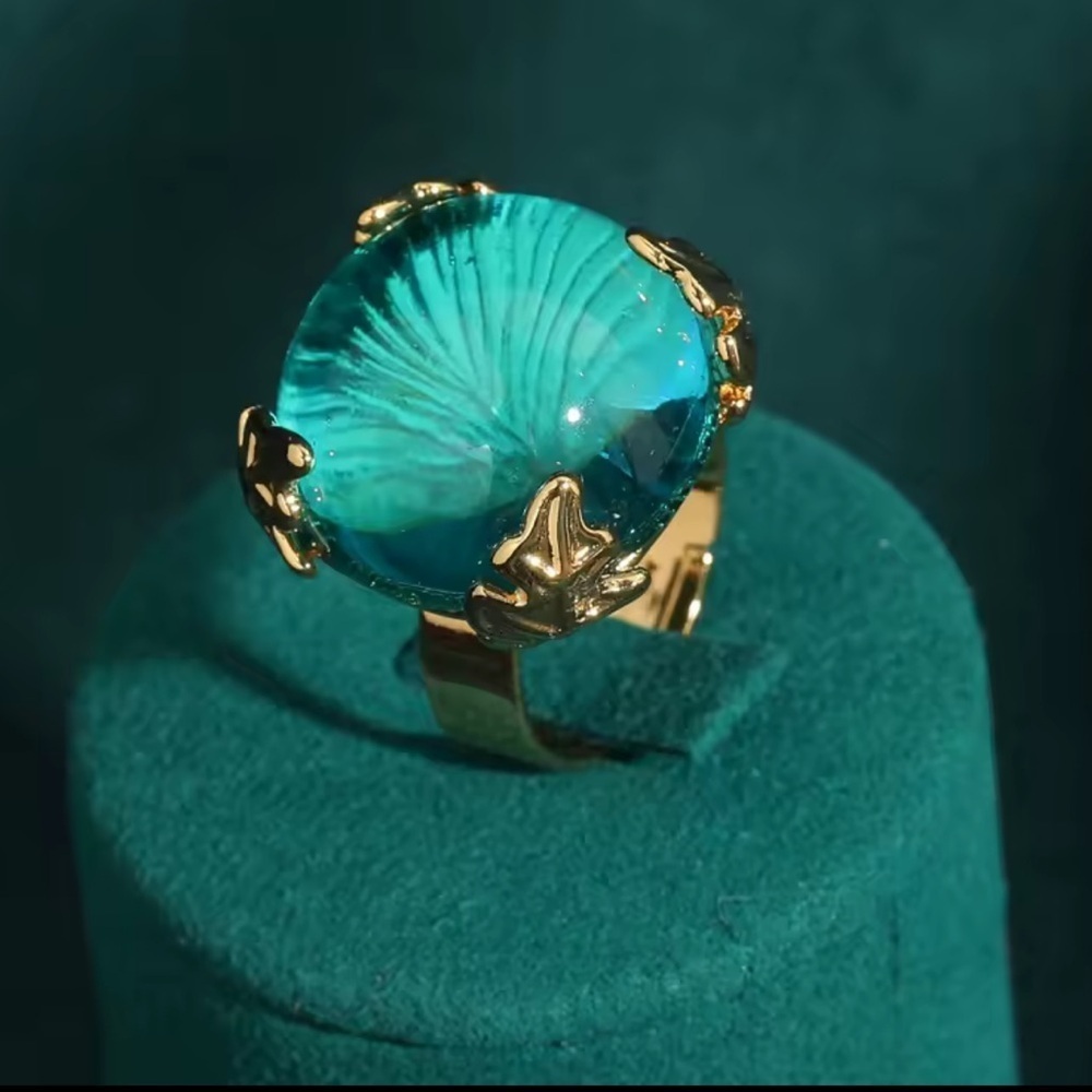 Luxury Couture Aqua Crystal Orb Ring 18k Gold Designer Statement Jewelry